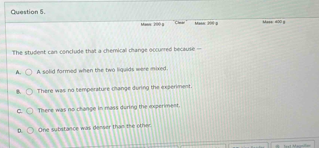 question 5. mass: 200 g clear mass: 200 g mass: 400 g the student can c…