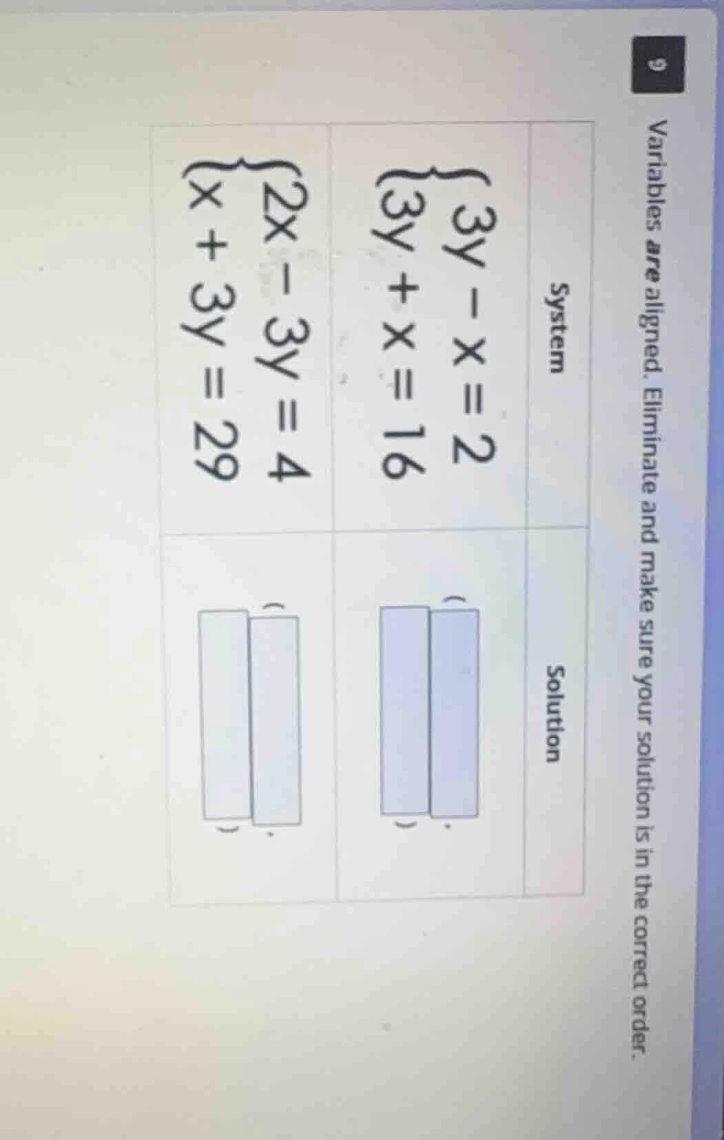 variables are aligned. eliminate and make sure your solution is in the …
