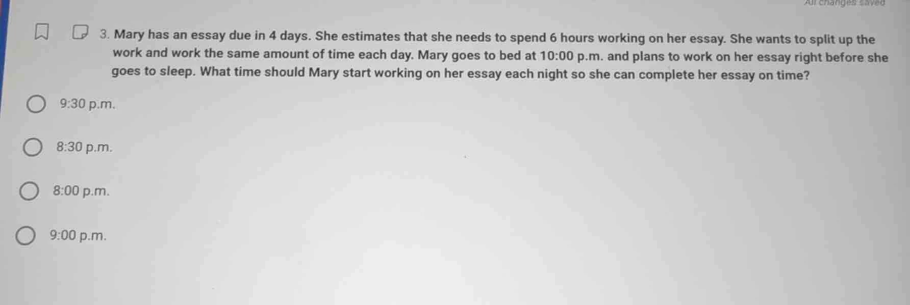 3. mary has an essay due in 4 days. she estimates that she needs to spe…