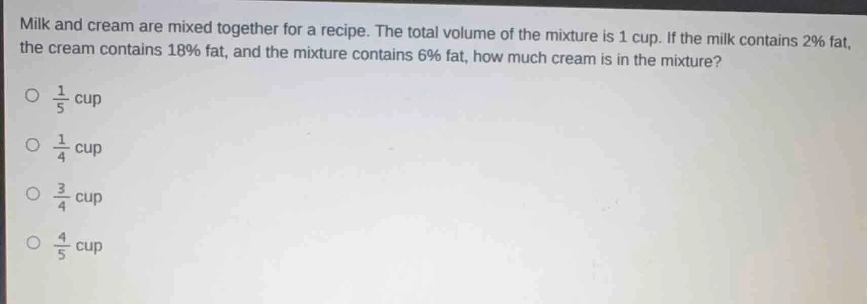 milk and cream are mixed together for a recipe. the total volume of the…
