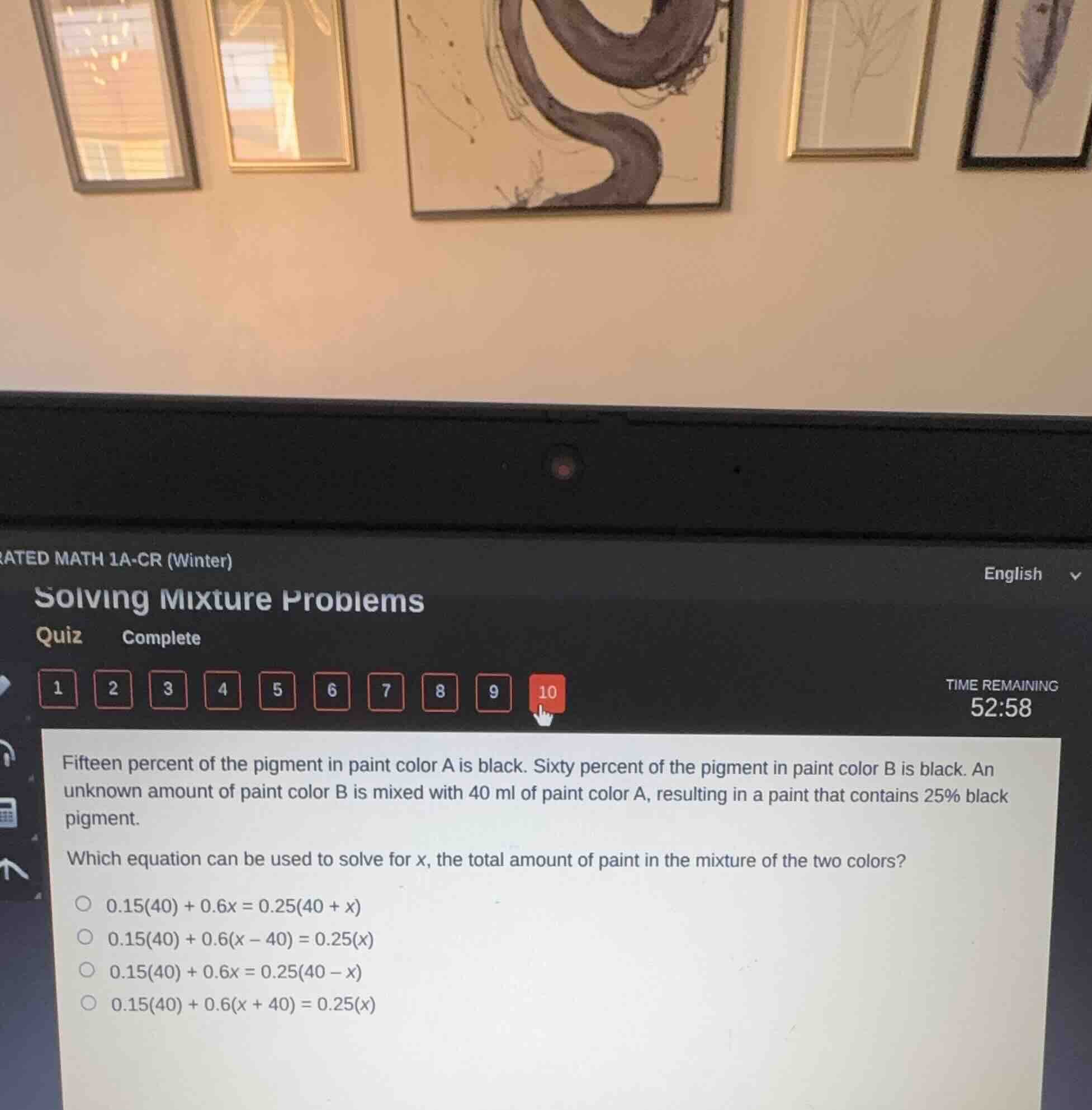 solving mixture problems quiz complete fifteen percent of the pigment i…