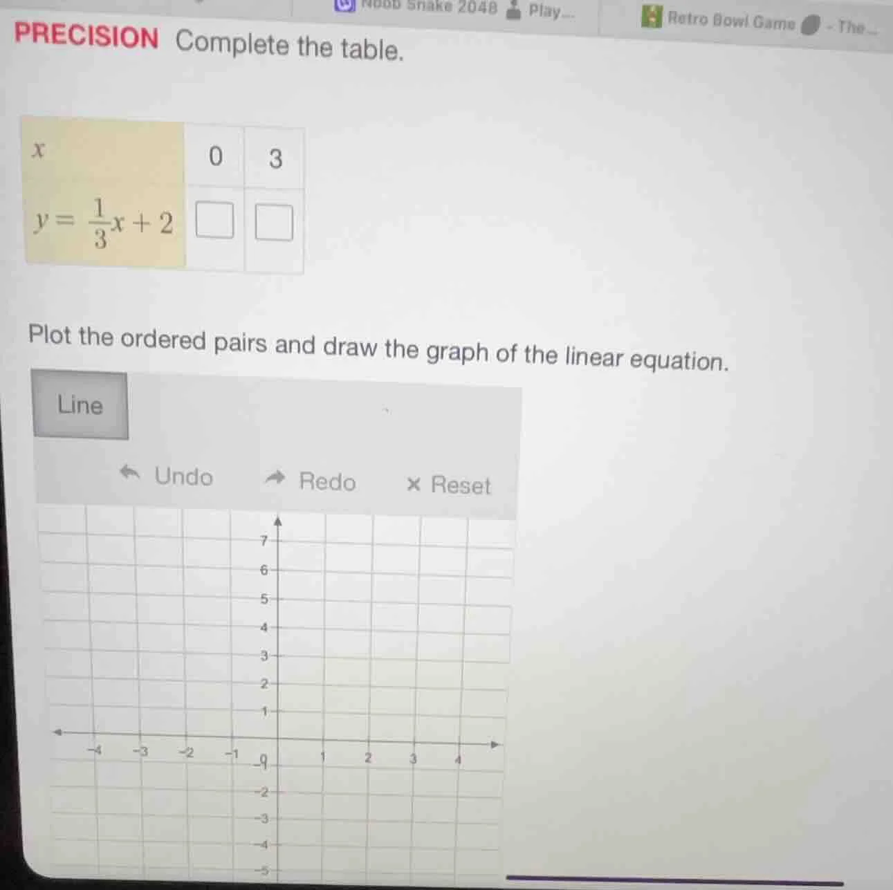 precision complete the table. x | 0 | 3 $y = \\frac{1}{3}x + 2$ | $\\sq…