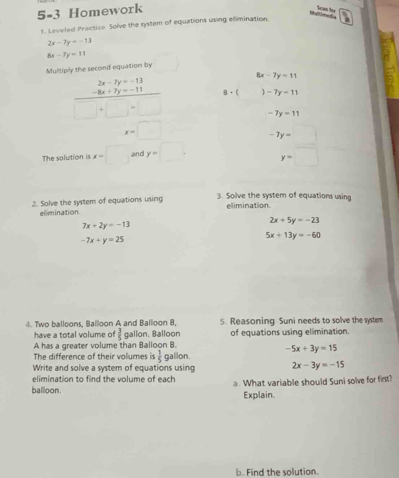 5-3 homework 1. leveled practice solve the system of equations using el…