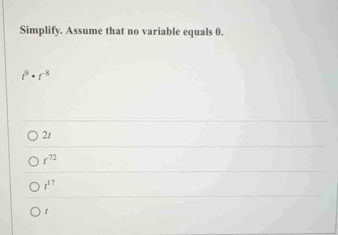 simplify. assume that no variable equals 0. $t^9 \\cdot t^{-8}$ \\bigci…