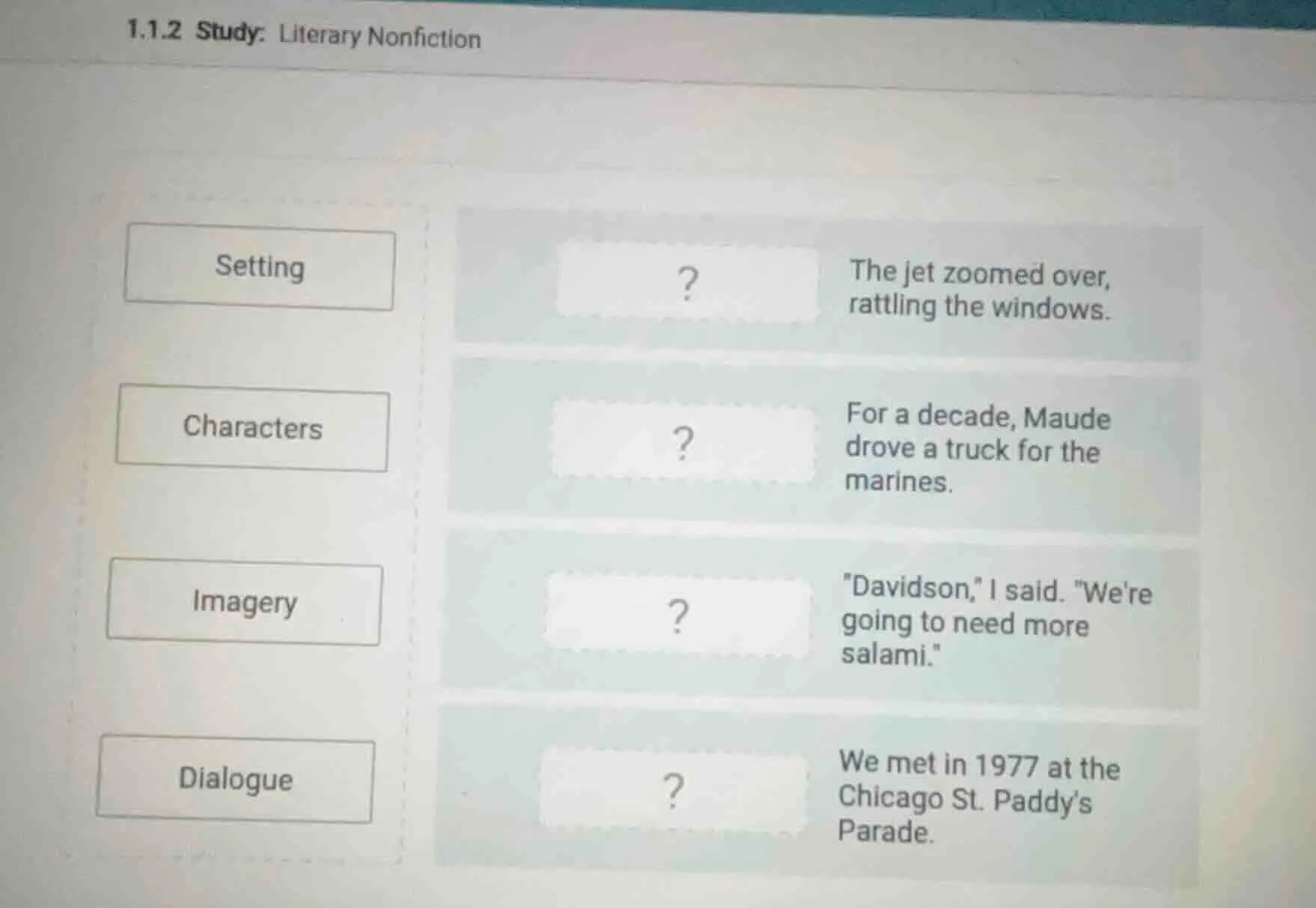 1.1.2 study: literary nonfiction setting? the jet zoomed over, rattling…
