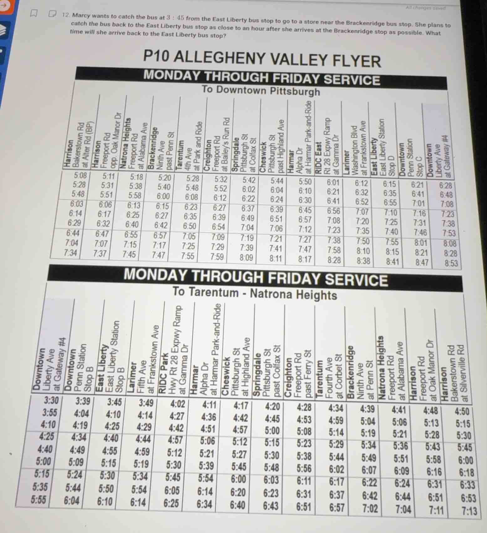 12. marcy wants to catch the bus at 3 : 45 from the east liberty bus st…