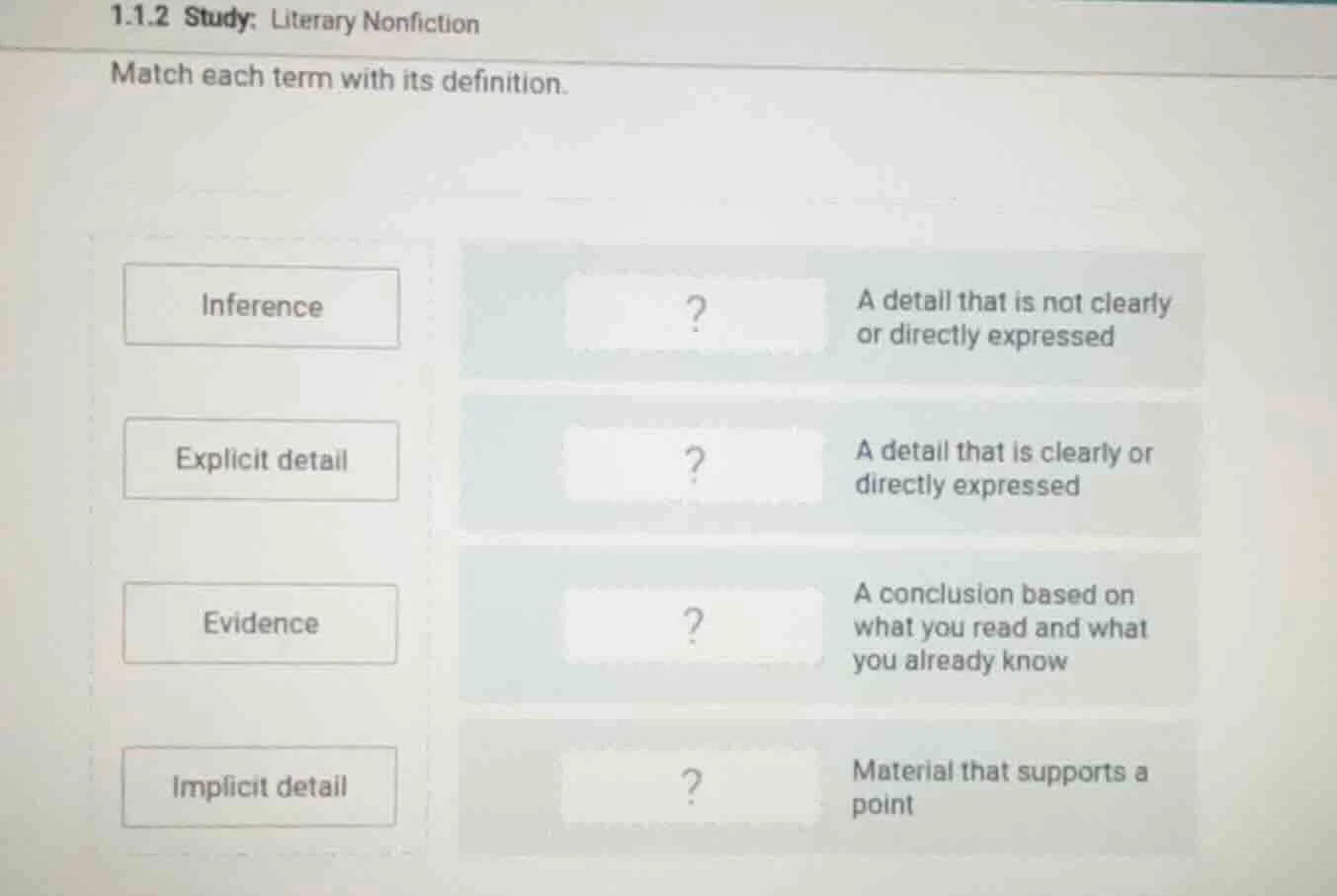1.1.2 study: literary nonfiction match each term with its definition. i…
