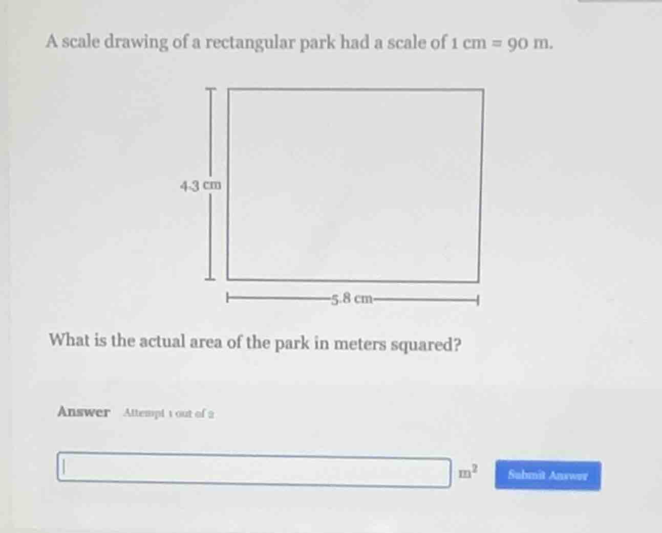 a scale drawing of a rectangular park had a scale of 1 cm = 90 m. recta…