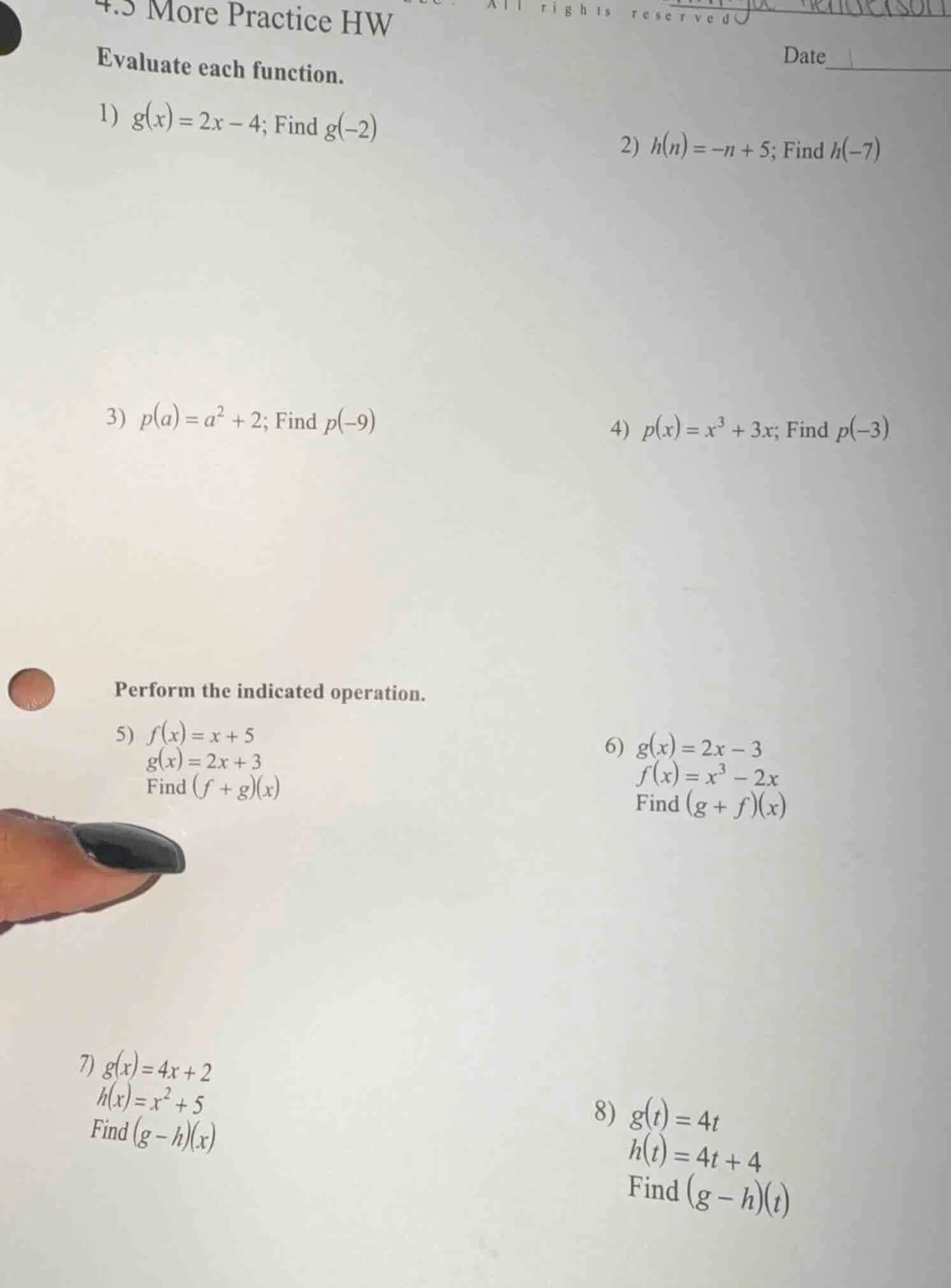 4.5 more practice hw evaluate each function. 1) $g(x) = 2x - 4$; find $…