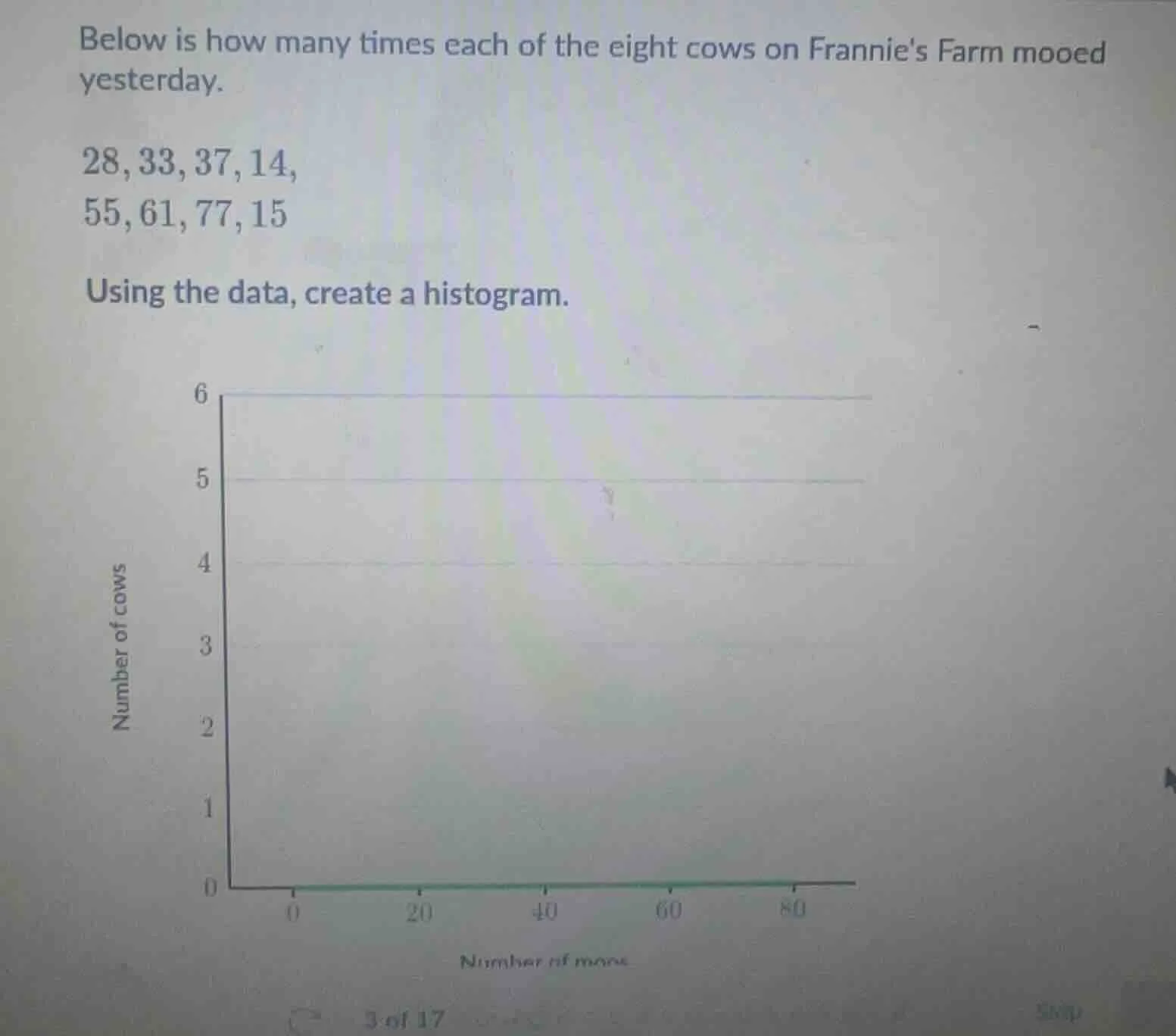 below is how many times each of the eight cows on frannies farm mooed y…