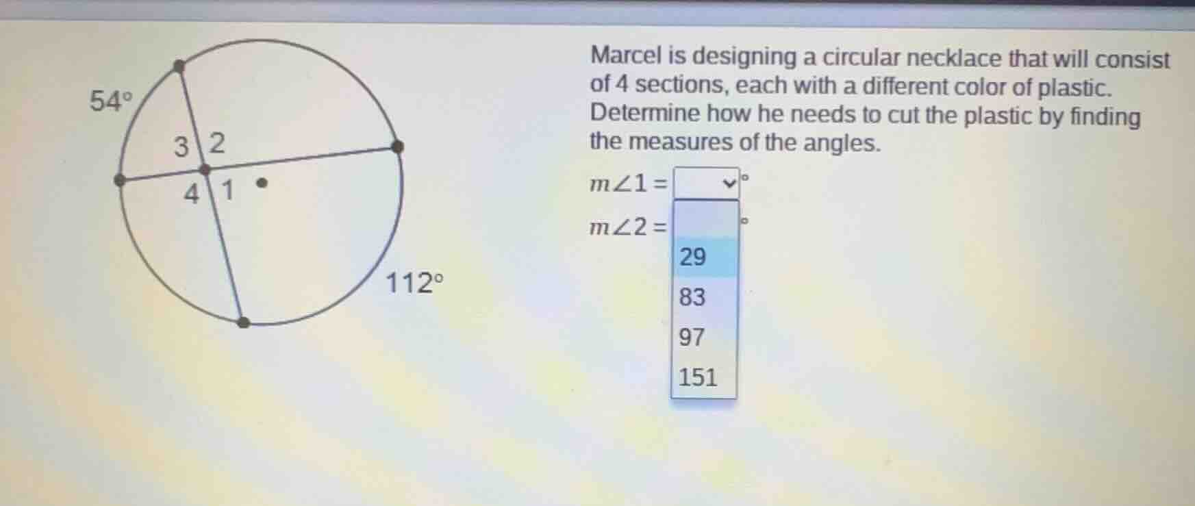 marcel is designing a circular necklace that will consist of 4 sections…