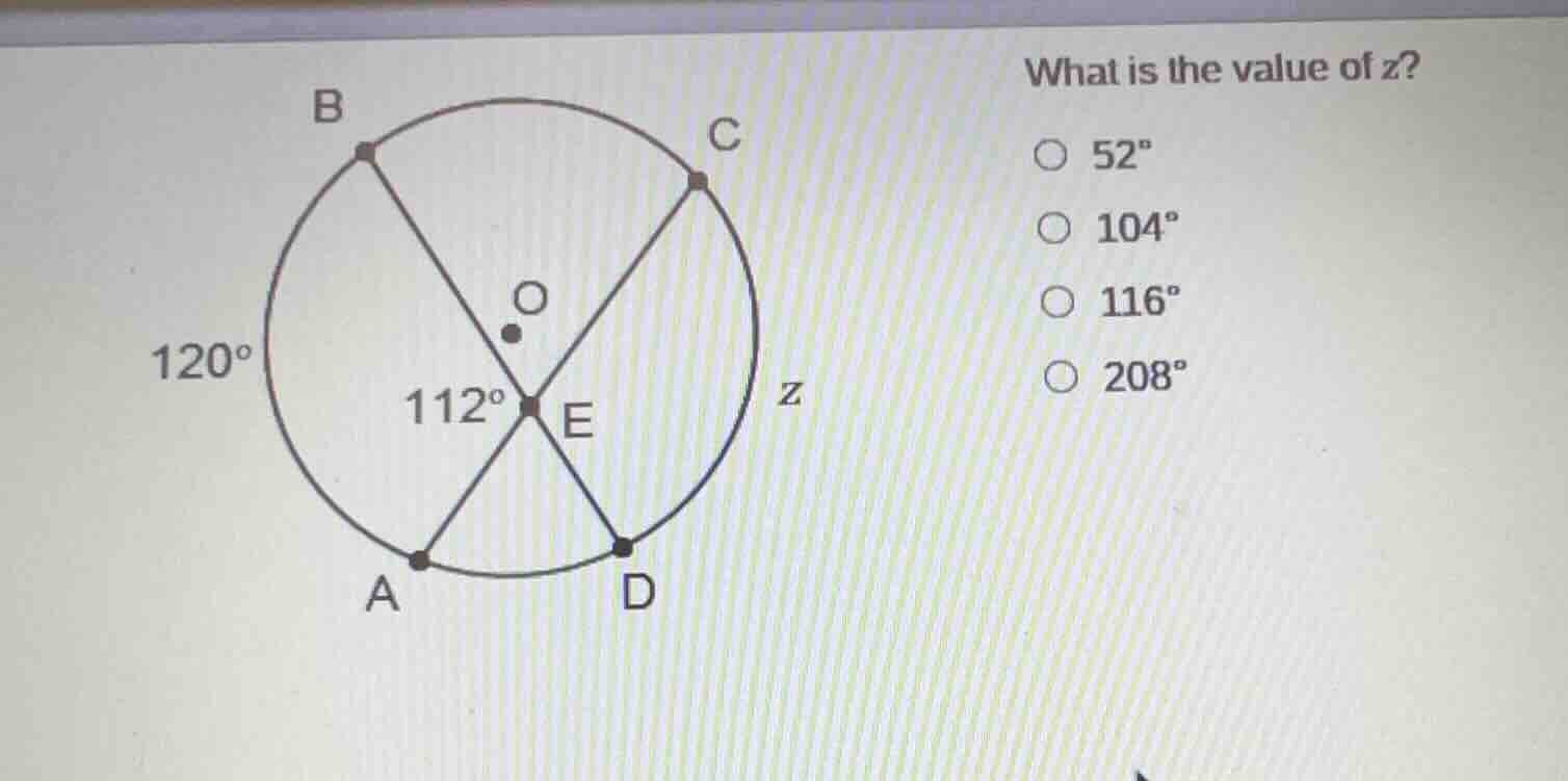what is the value of z? 52° 104° 116° 208° (with a circle diagram label…