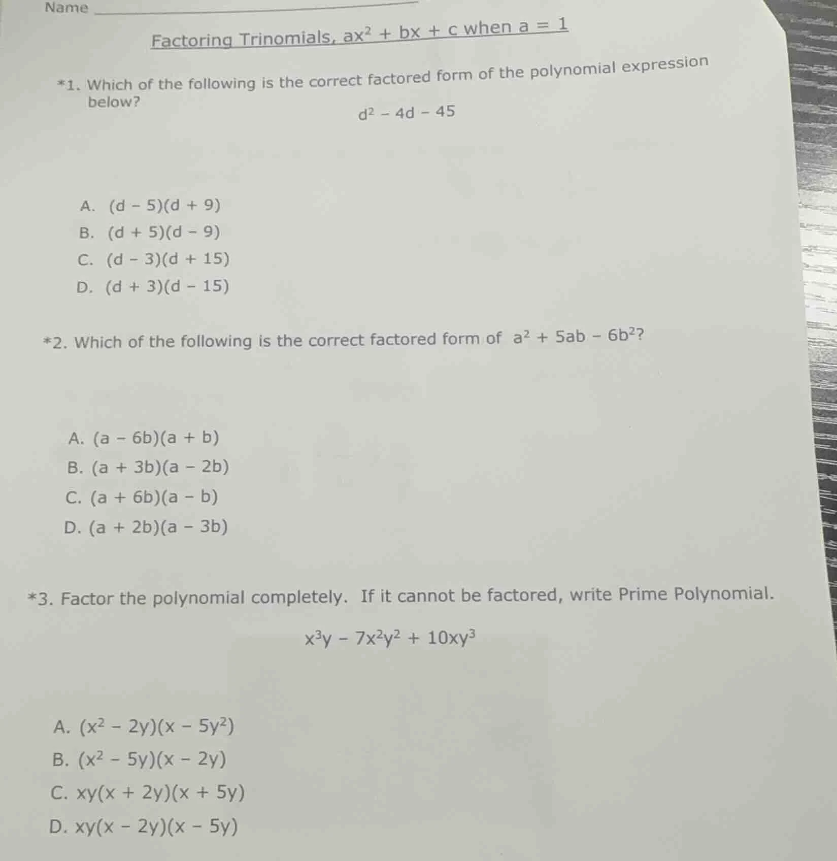name factoring trinomials, $ax^2 + bx + c$ when $a = 1$ *1. which of th…