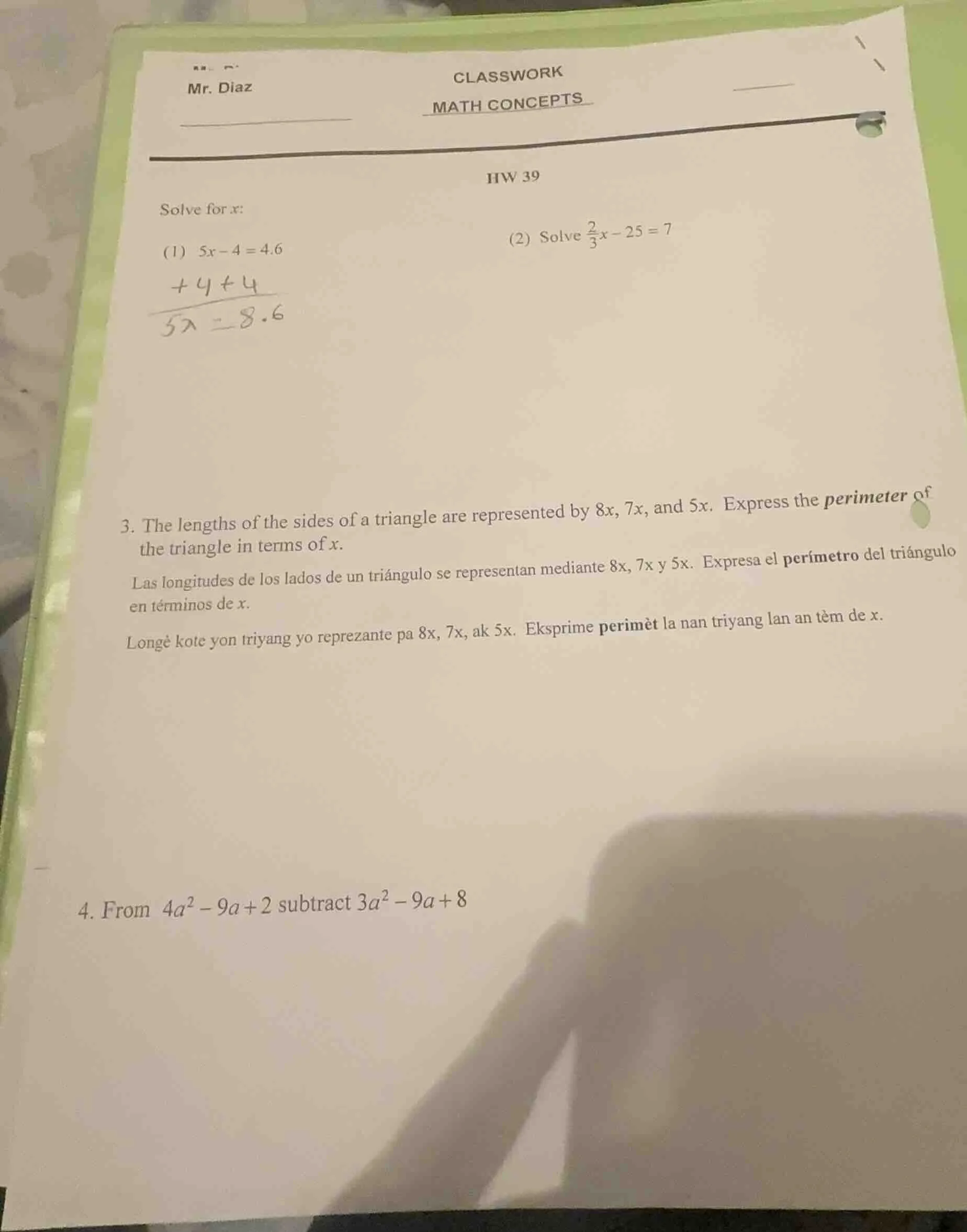 classwork mr. diaz math concepts hw 39 solve for x: (1) $5x - 4 = 4.6$ …