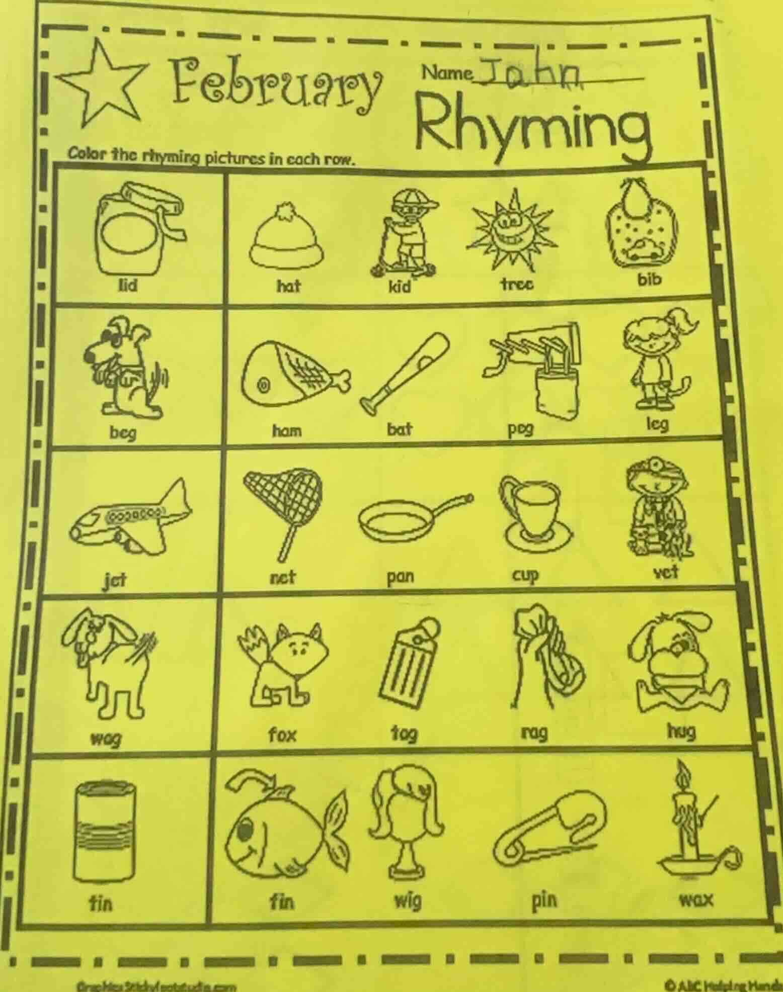 february name john rhyming color the rhyming pictures in each row. lid …