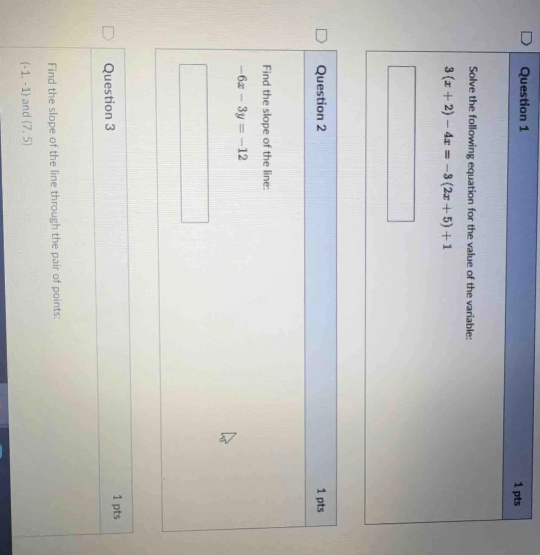 question 1 solve the following equation for the value of the variable: …