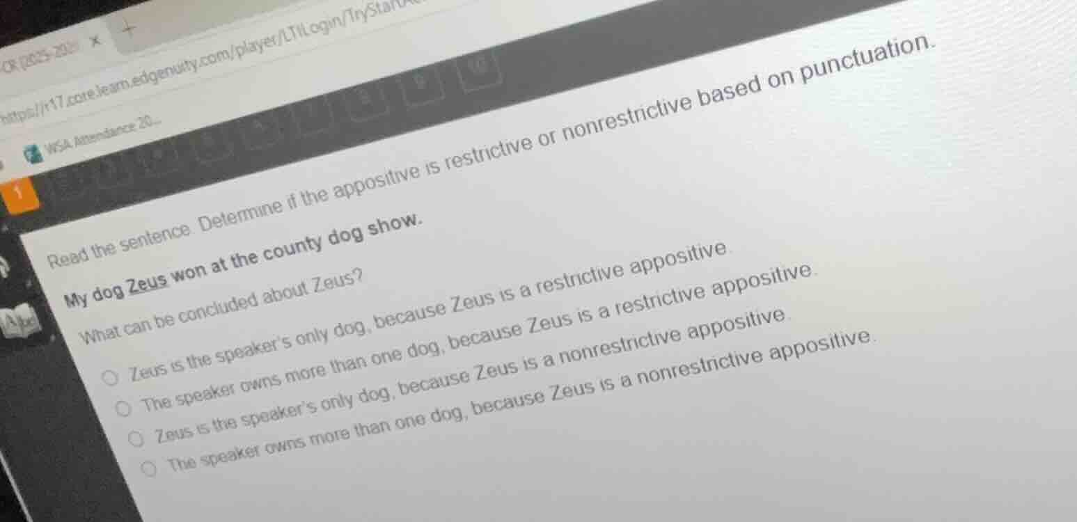 read the sentence. determine if the appositive is restrictive or nonres…