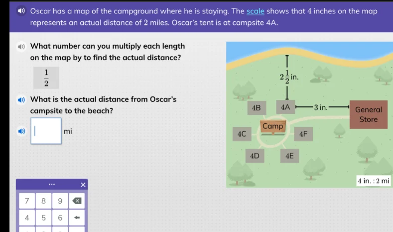 oscar has a map of the campground where he is staying. the scale shows …