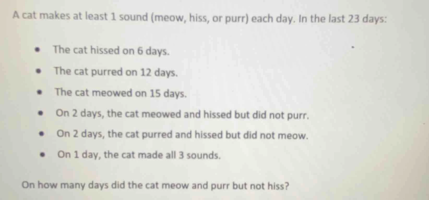 a cat makes at least 1 sound (meow, hiss, or purr) each day. in the las…