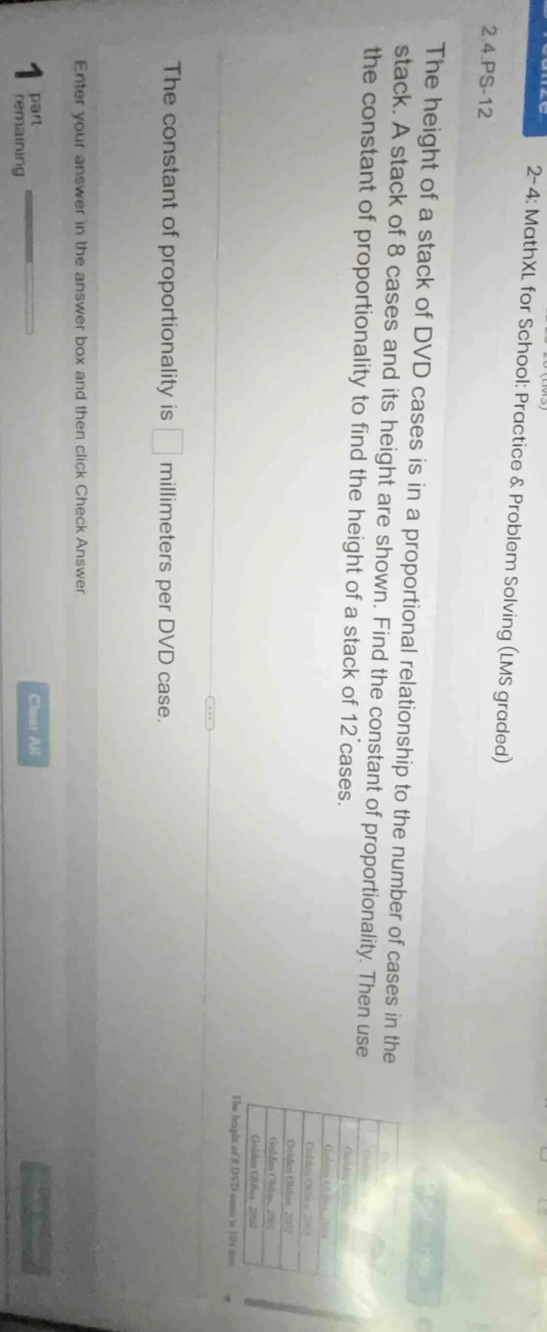 the height of a stack of dvd cases is in a proportional relationship to…