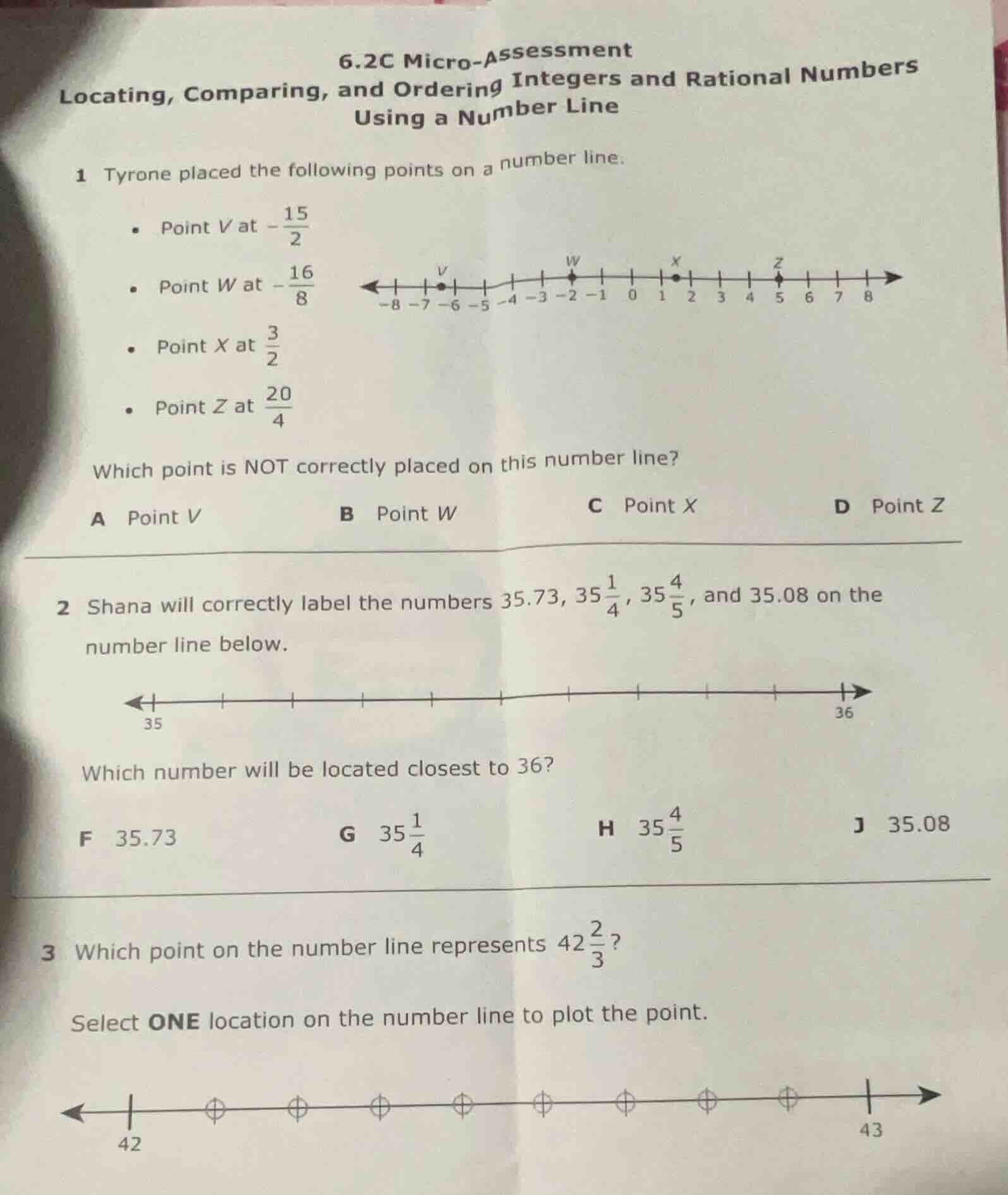 6.2c micro - assessment locating, comparing, and ordering integers and …