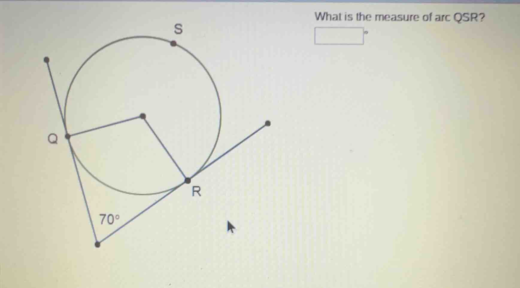 what is the measure of arc qsr? diagram of a circle with center, points…
