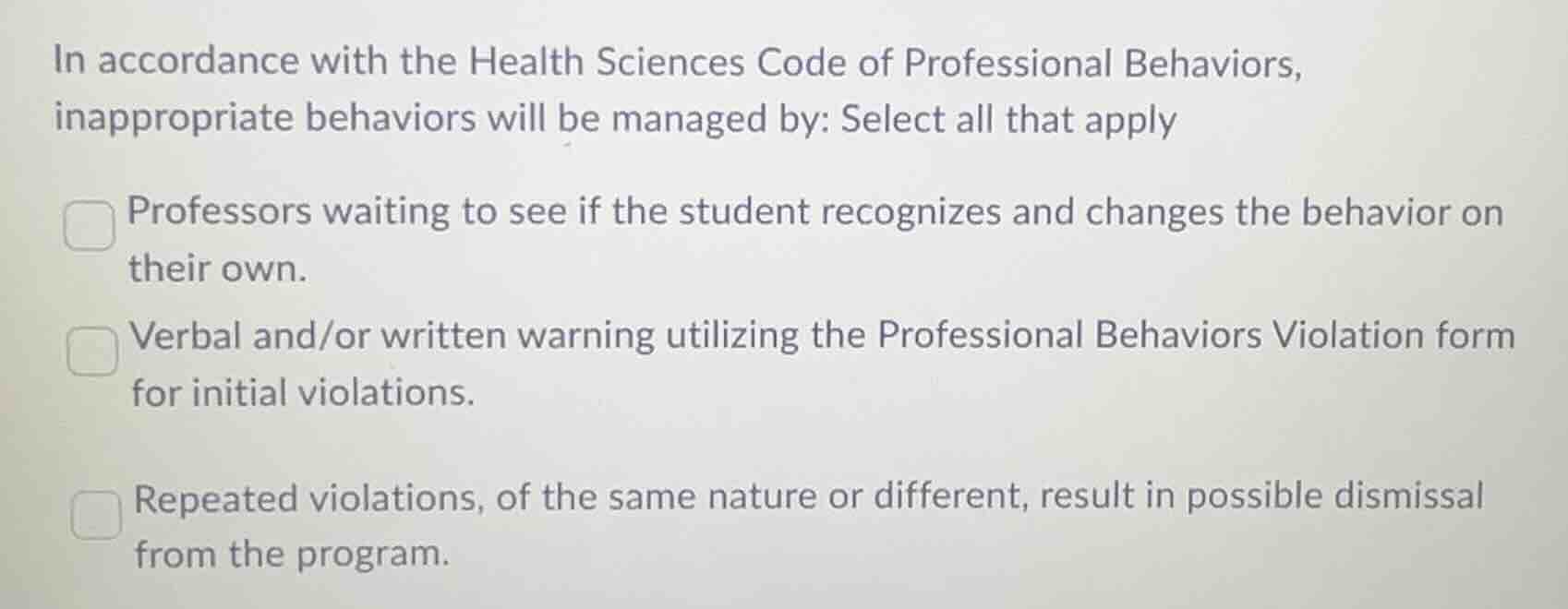 in accordance with the health sciences code of professional behaviors, …