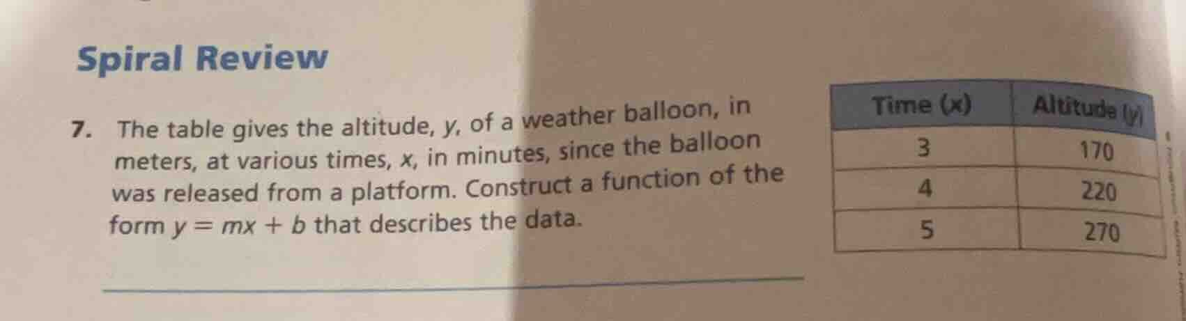 spiral review 7. the table gives the altitude, y, of a weather balloon,…