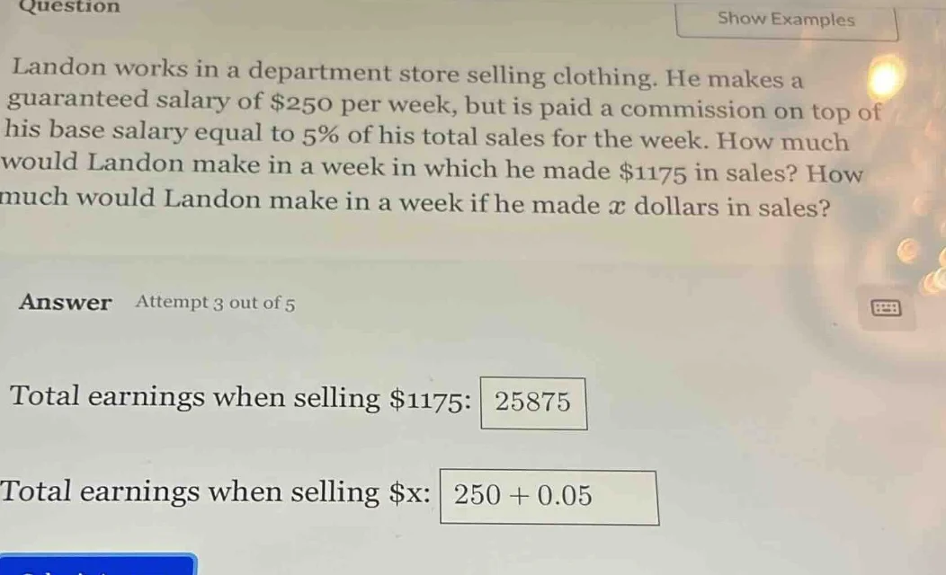 question landon works in a department store selling clothing. he makes …