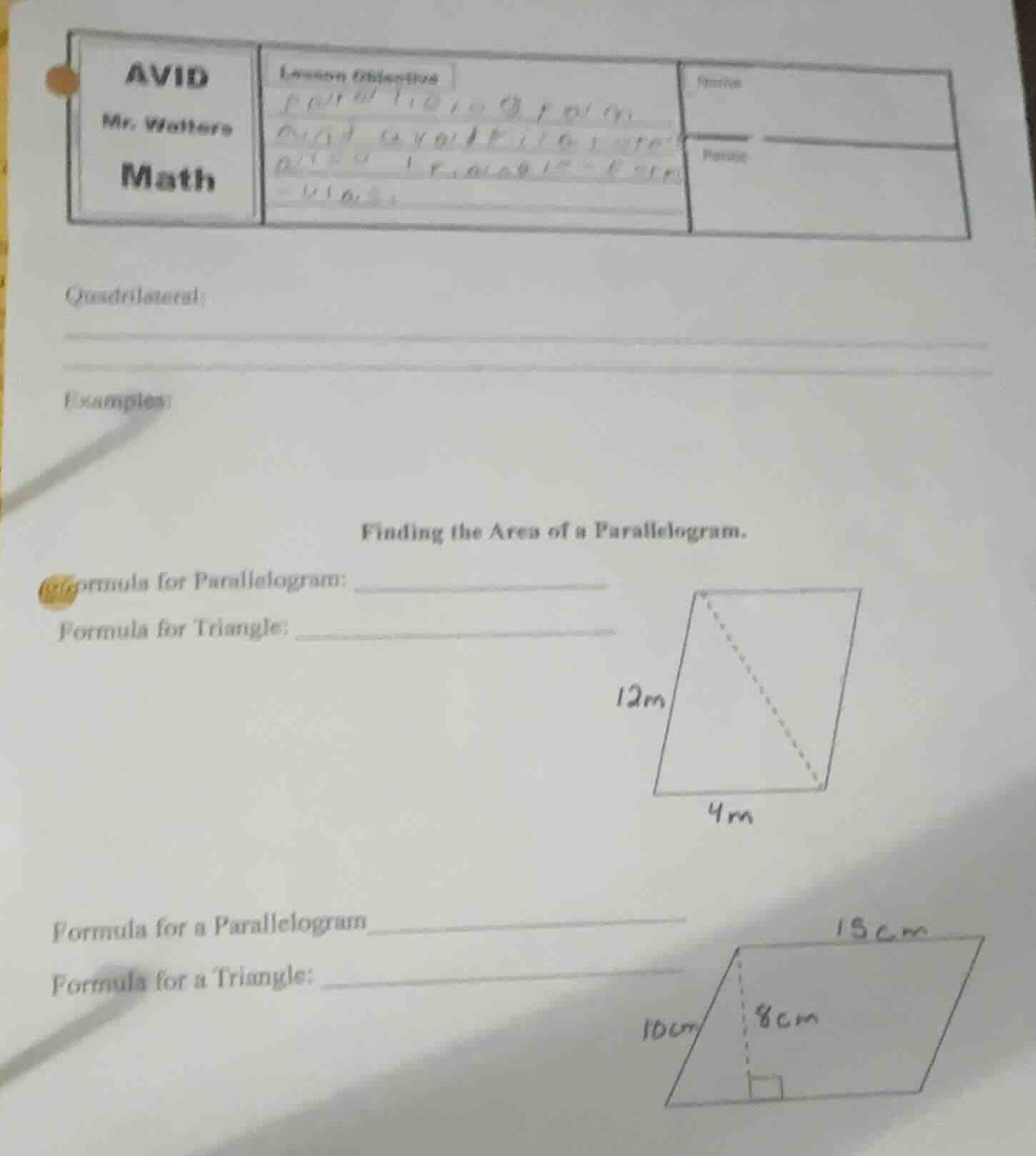 avid mr. walters math lesson objective (handwritten text, partially unc…