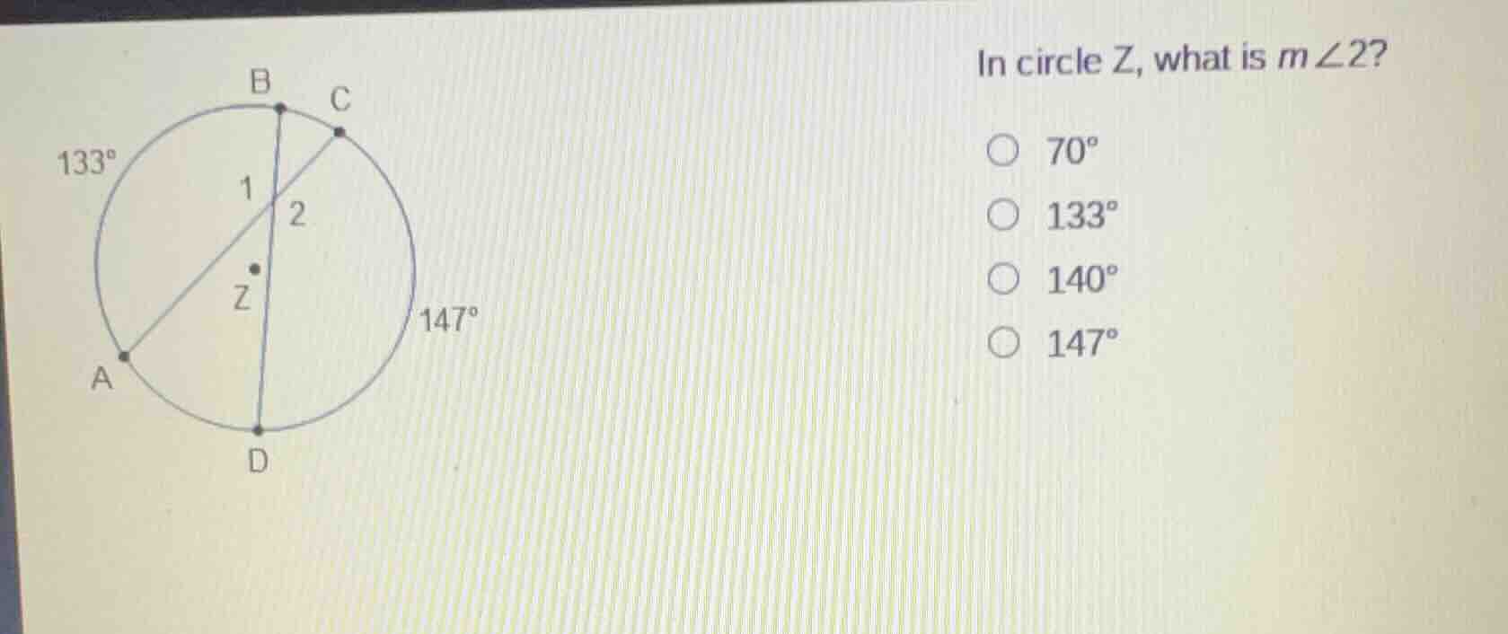 in circle z, what is m∠2? 70° 133° 140° 147°