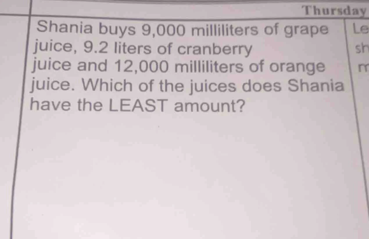 shania buys 9,000 milliliters of grape juice, 9.2 liters of cranberry j…