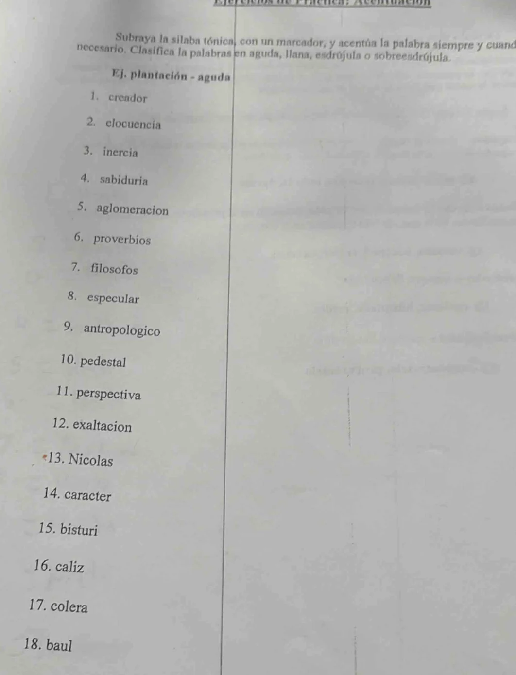 ejercicios de practica: acentuacion subraya la silaba tónica, con un ma…