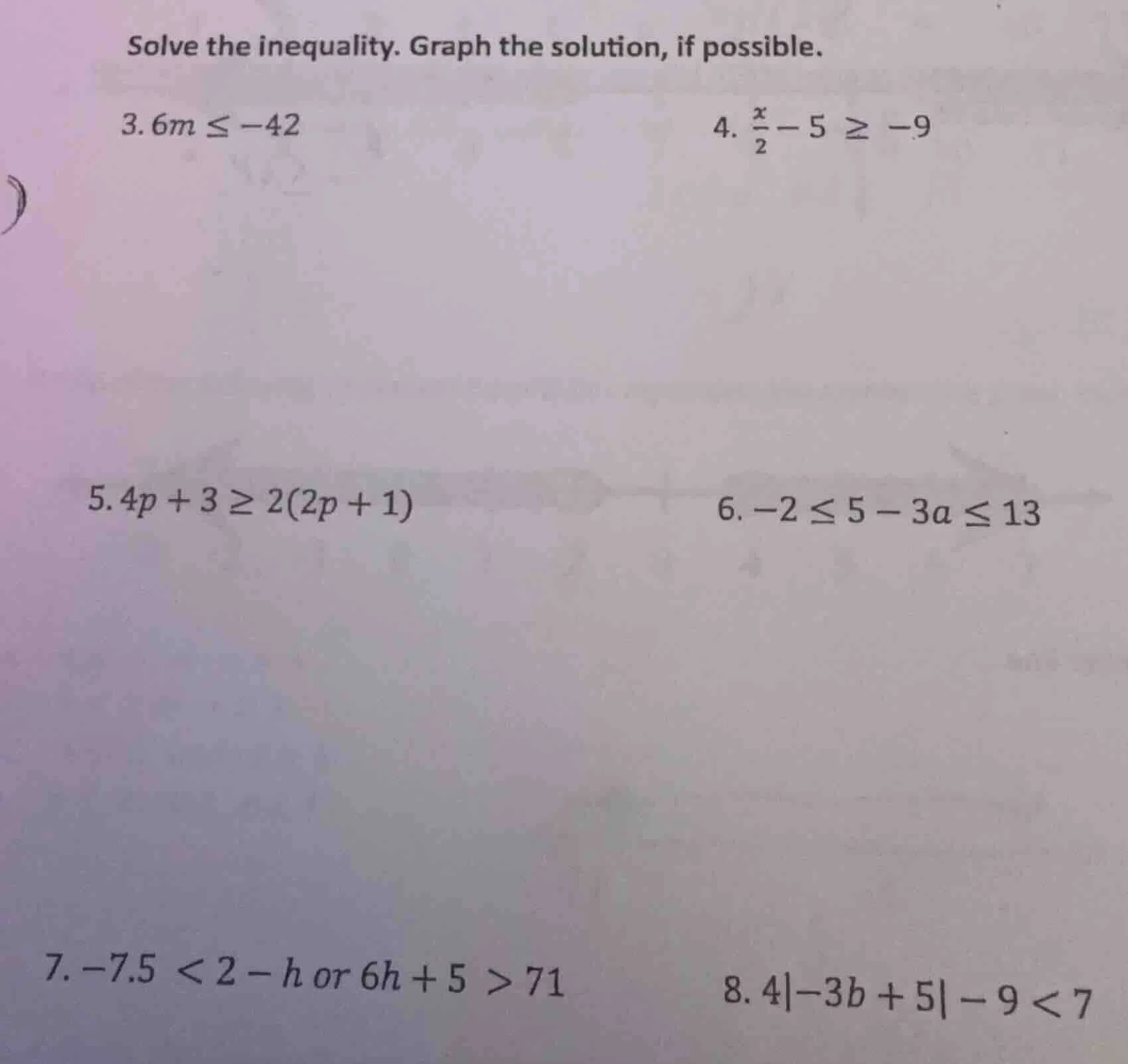 solve the inequality. graph the solution, if possible. 3. $6m \\leq -42…