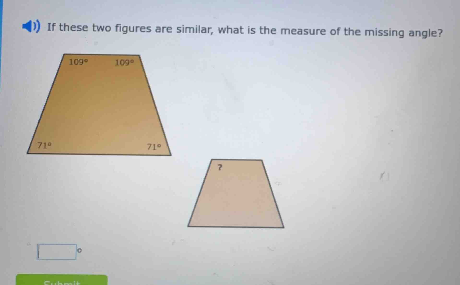 if these two figures are similar, what is the measure of the missing an…