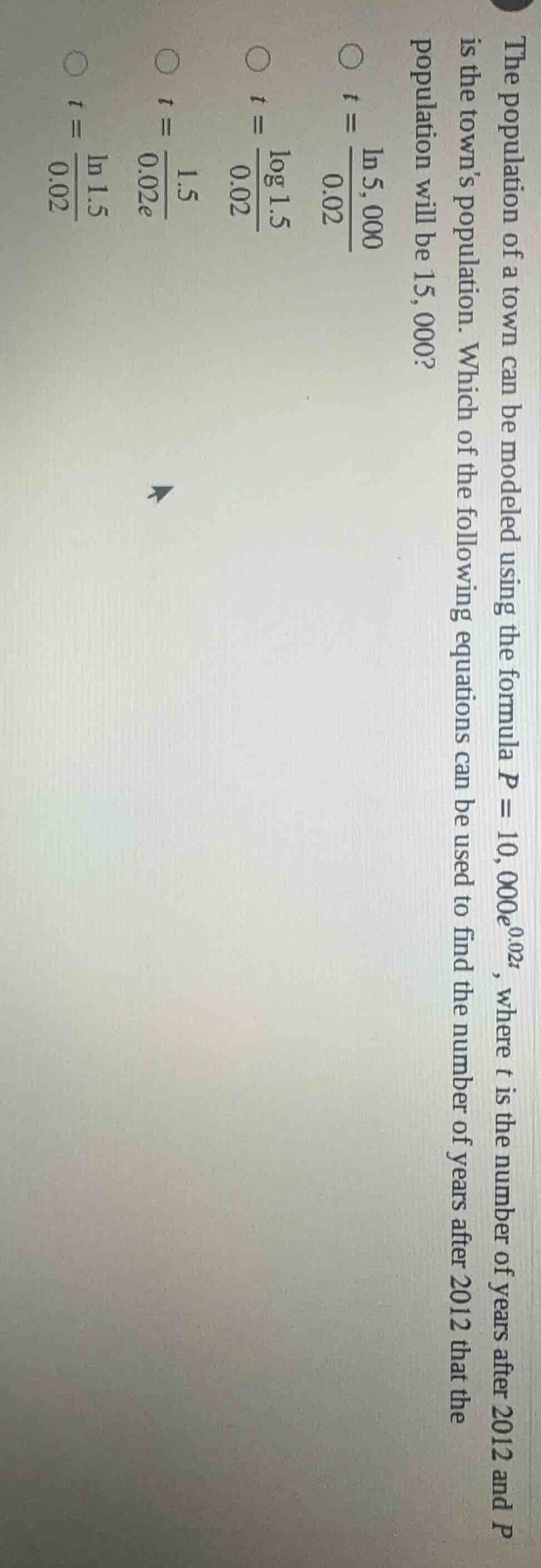 the population of a town can be modeled using the formula $p = 10,000e^…