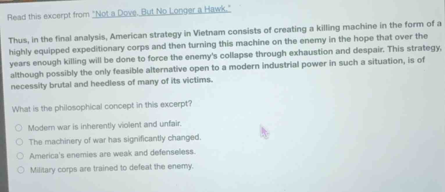 read this excerpt from ot a dove, but no longer a hawk.\ thus, in the f…
