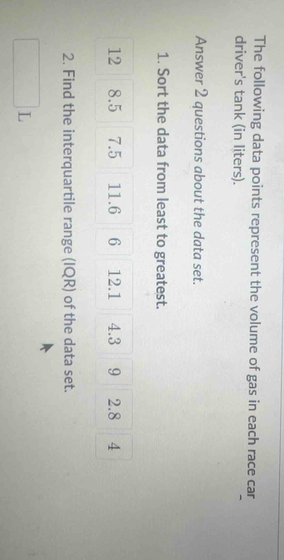 the following data points represent the volume of gas in each race car …