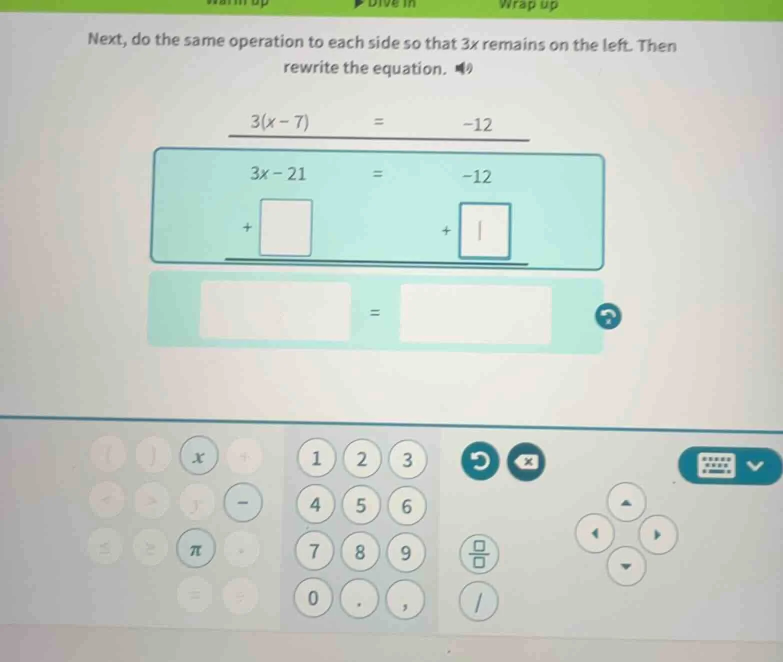 next, do the same operation to each side so that 3x remains on the left…