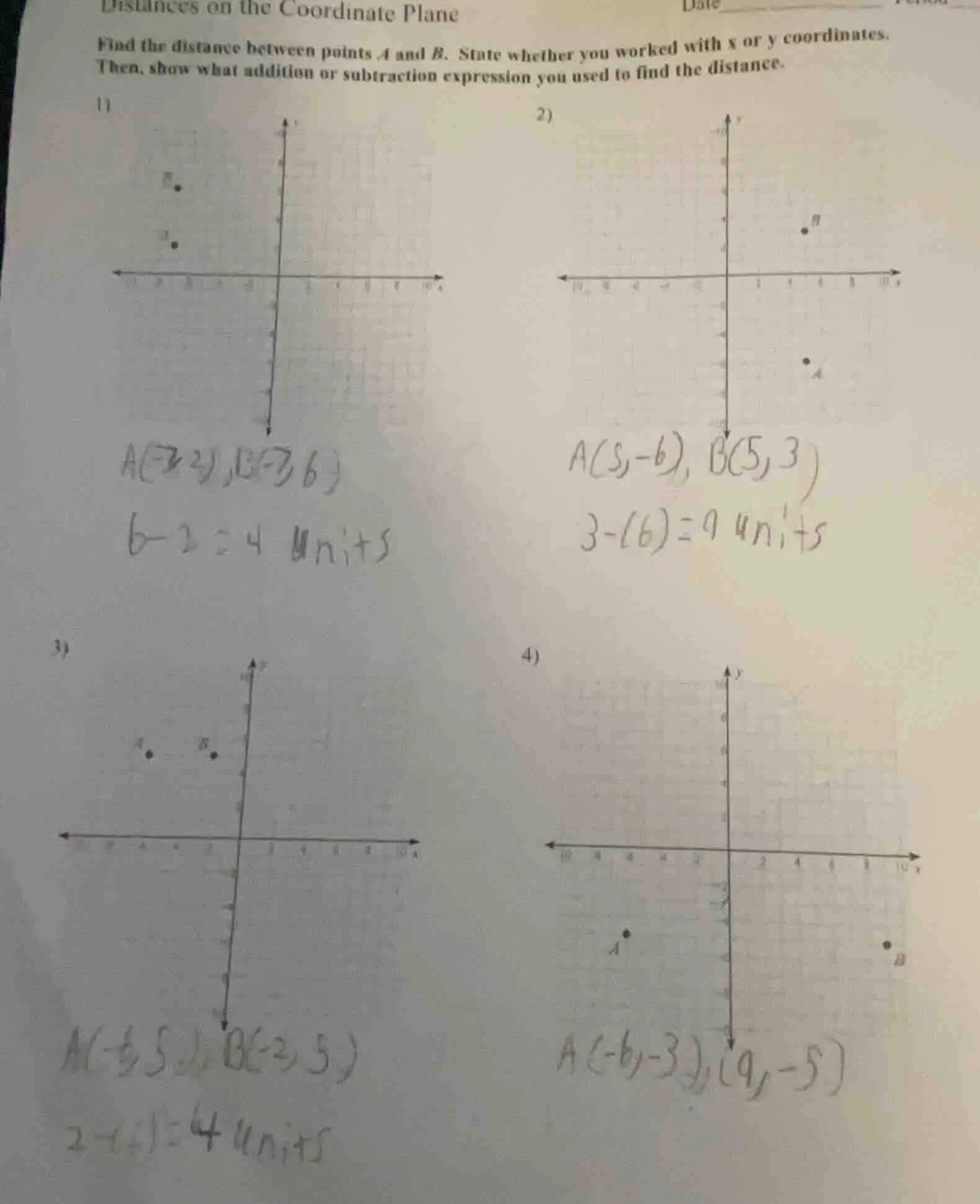 distances on the coordinate plane find the distance between points a an…