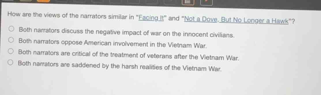 how are the views of the narrators similar in \facing it\ and ot a dove…