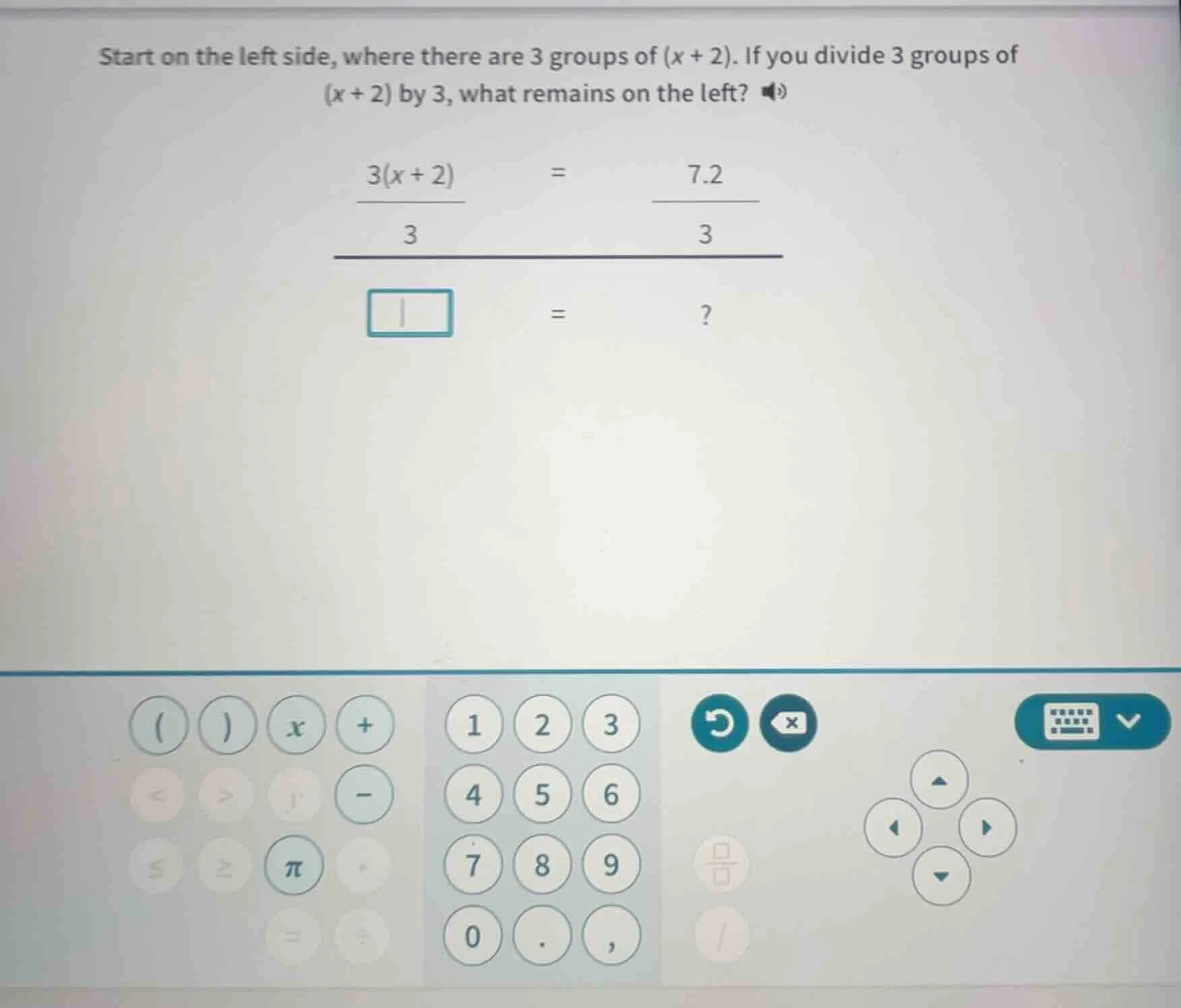 start on the left side, where there are 3 groups of (x + 2). if you div…
