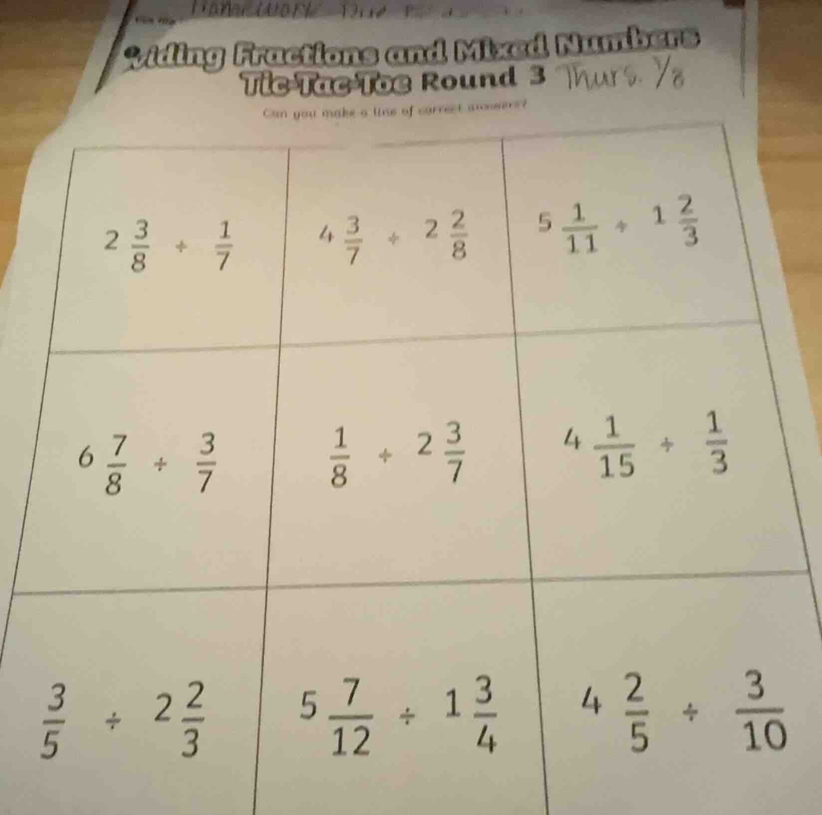 adding fractions and mixed numbers tic-tac-toe round 3 thurs. 7/8 can y…