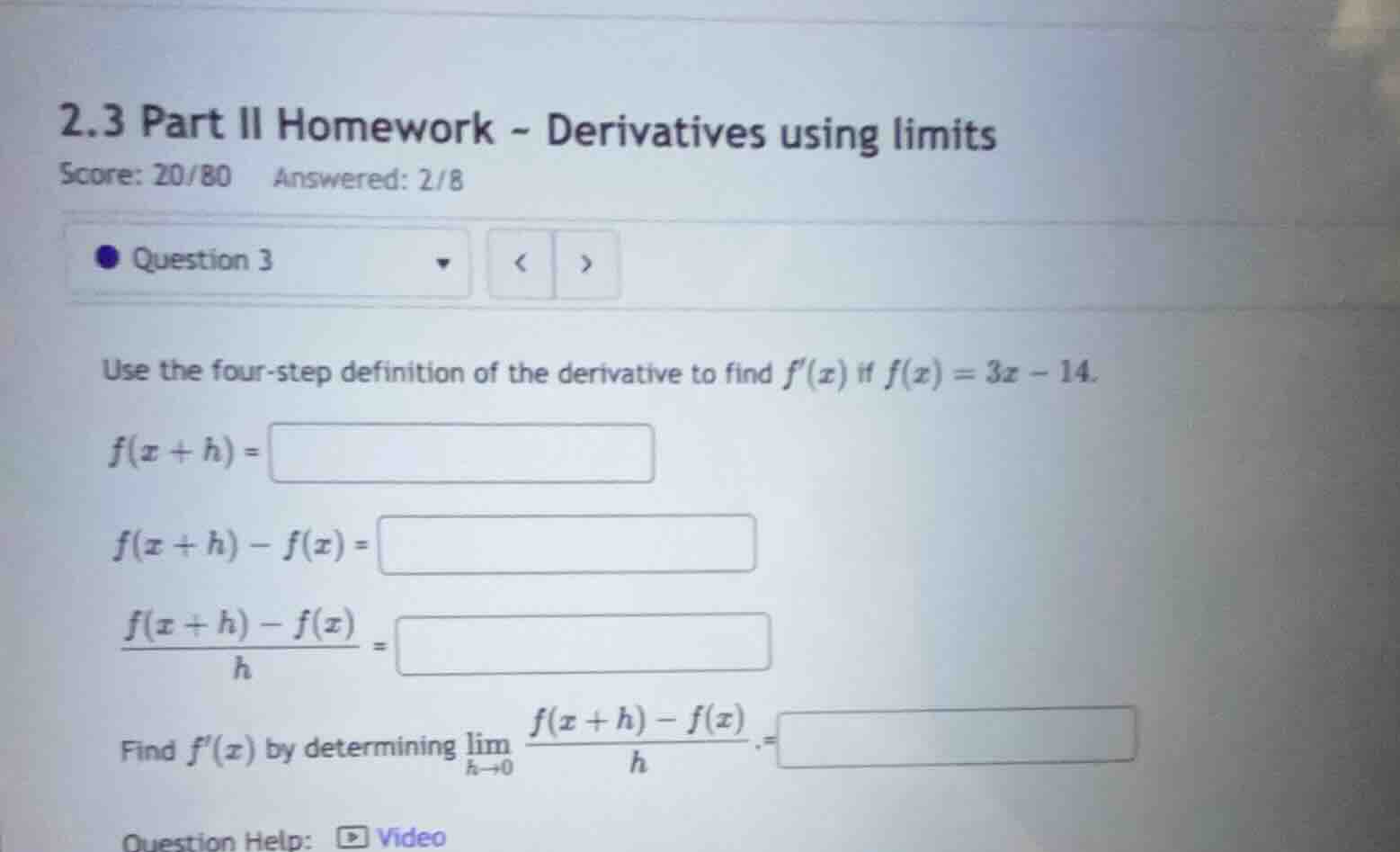 2.3 part ii homework - derivatives using limits score: 20/80 answered: …