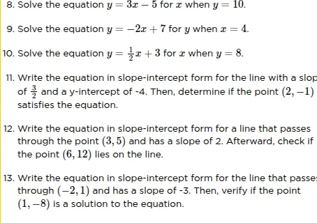8. solve the equation $y = 3x - 5$ for $x$ when $y = 10$. 9. solve the …