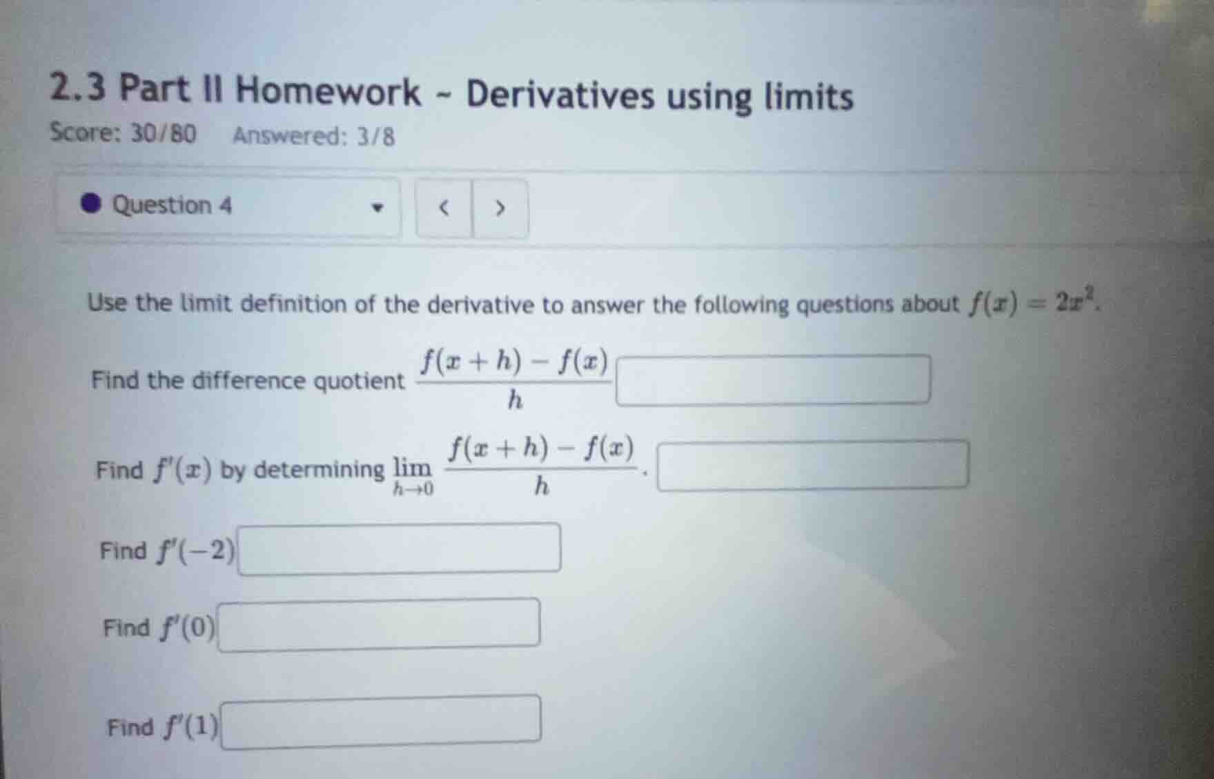 2.3 part ii homework - derivatives using limits score: 30/80 answered: …