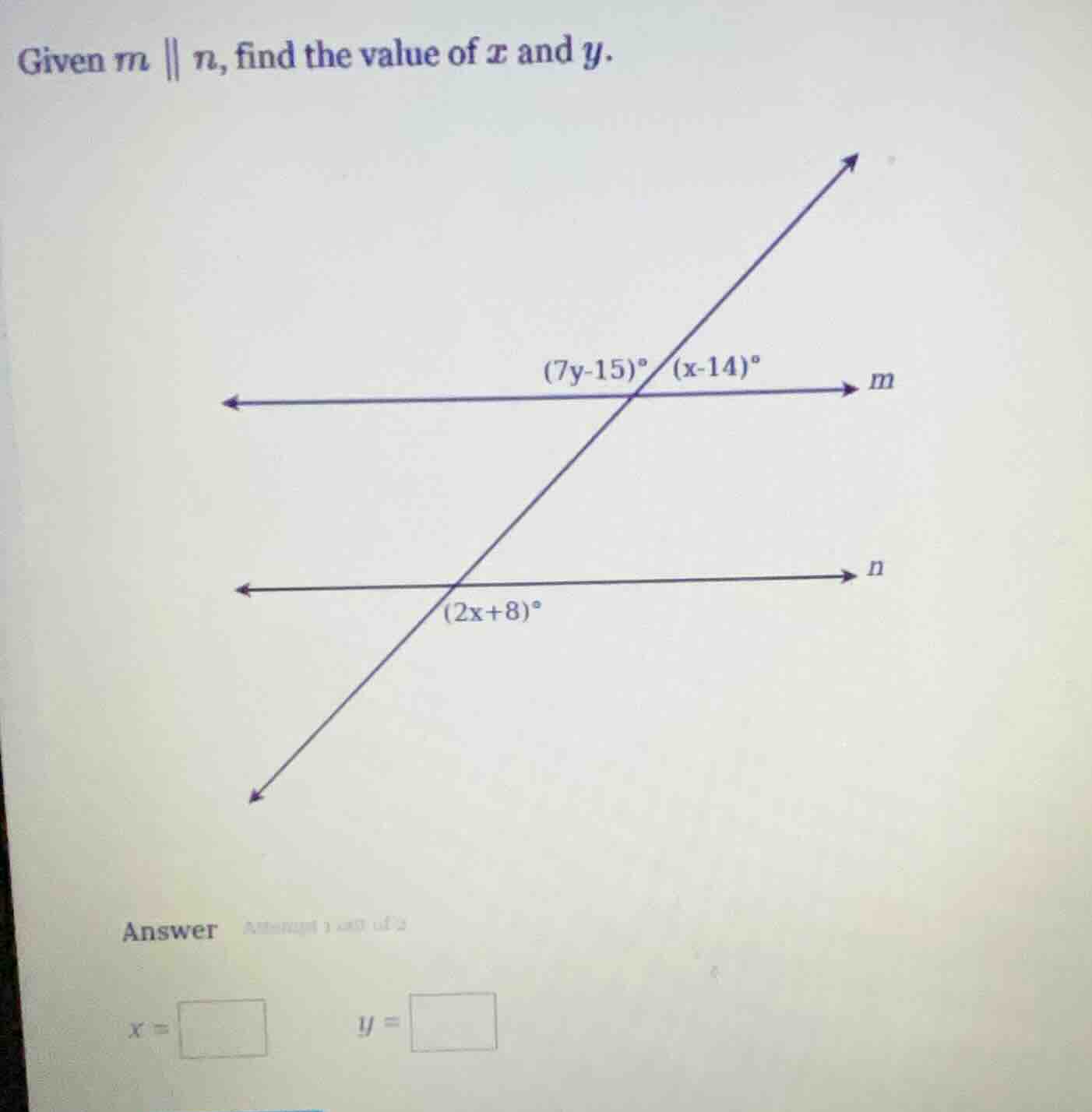 given $m \\parallel n$, find the value of $x$ and $y$. (7y - 15)° (x - …