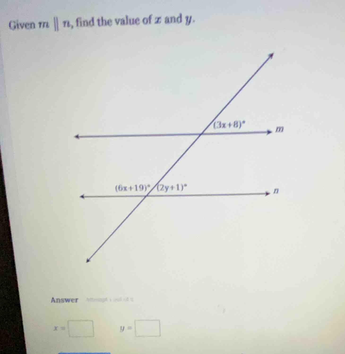 given $m \\parallel n$, find the value of $x$ and $y$. (there is a diag…