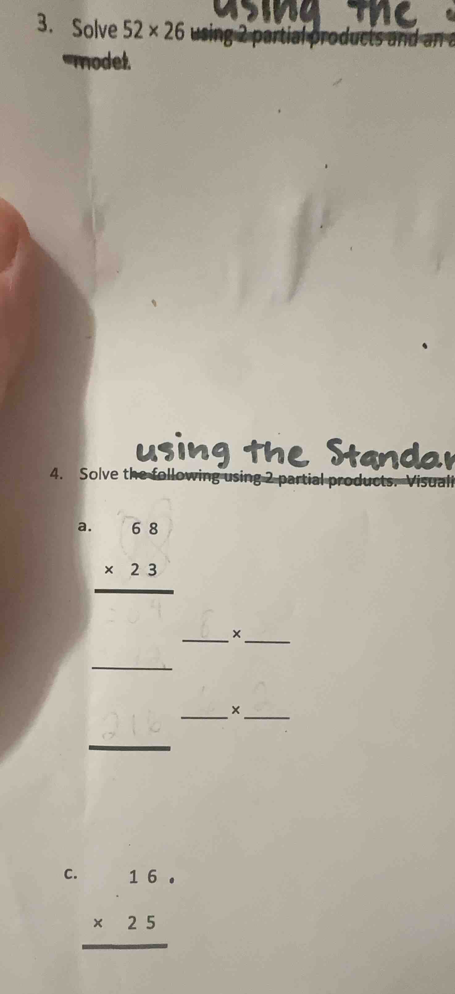 3. solve 52 × 26 using 2 partial products and an area model. 4. solve t…