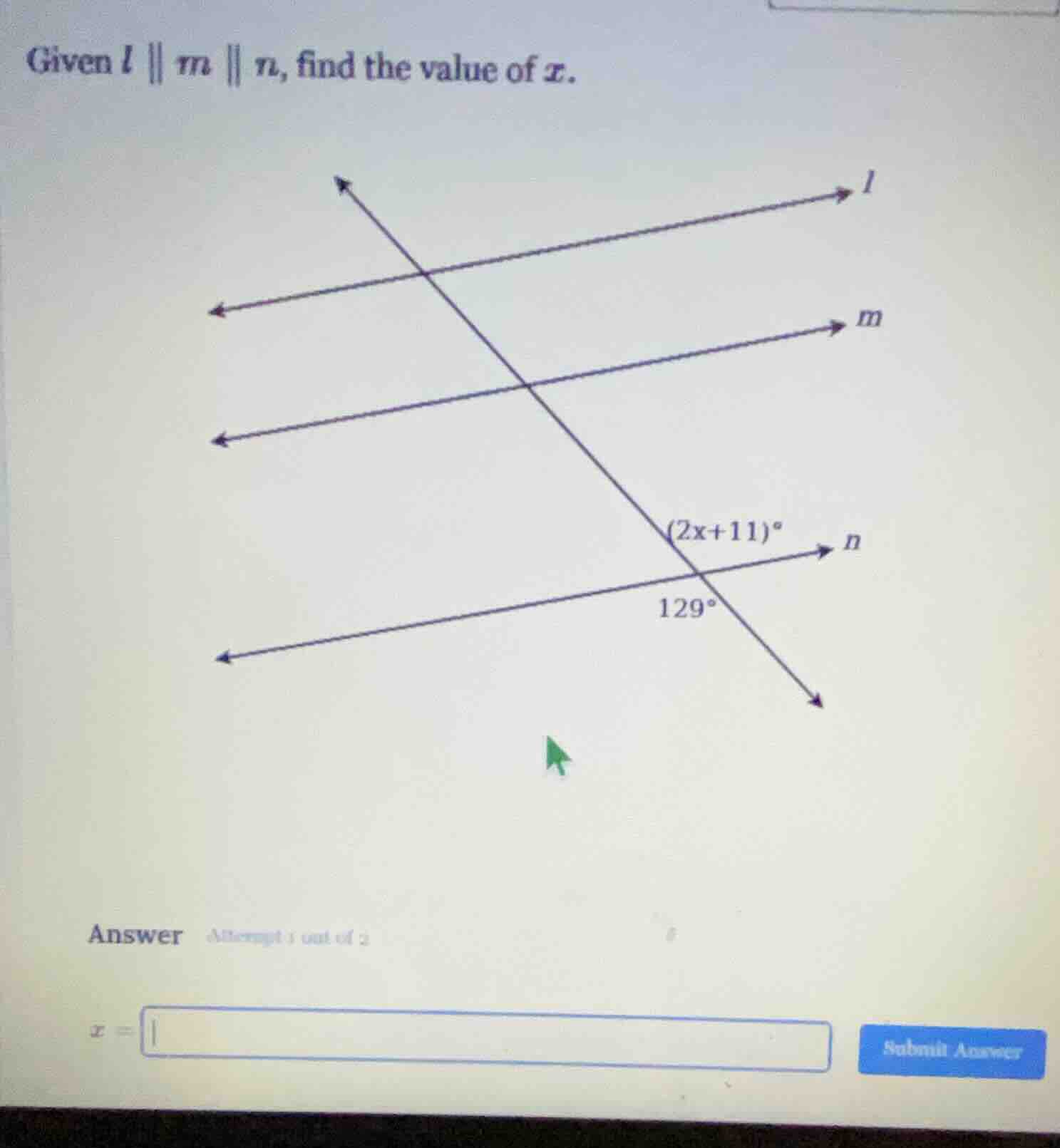given ( l parallel m parallel n ), find the value of ( x ). image of th…